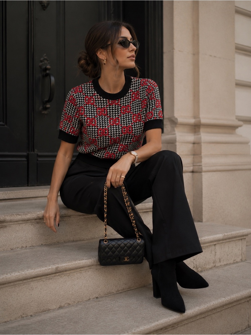 Gucci Red and Black Patterned Short Sleeve Crewneck Sweater